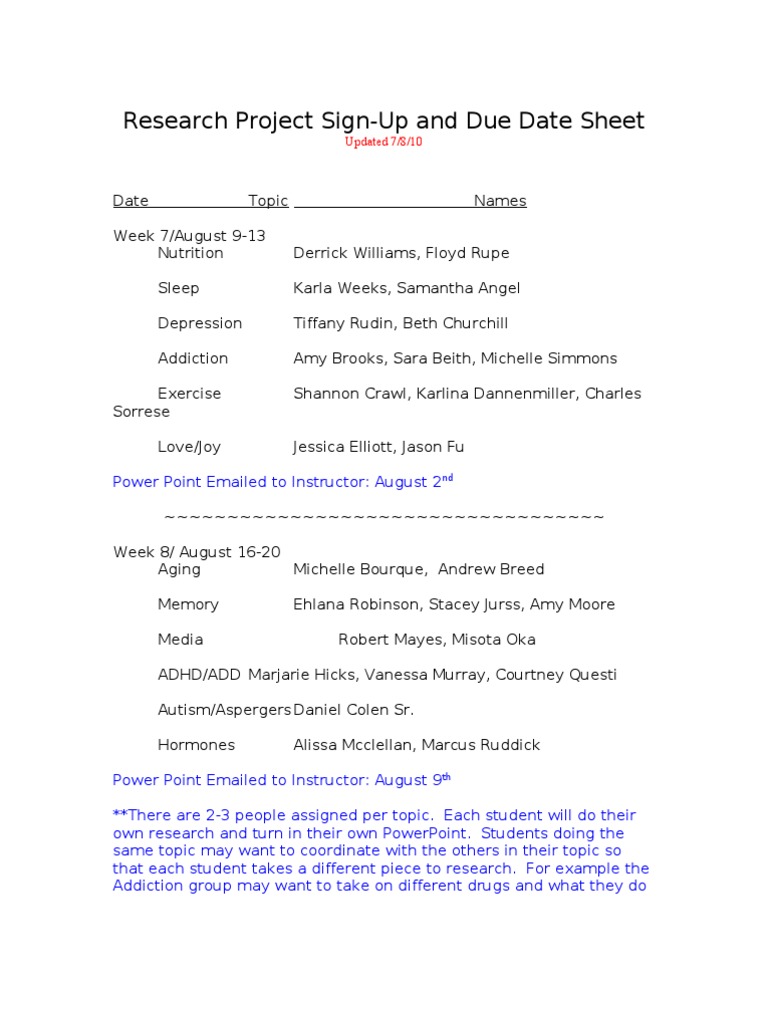 Research Project Due Dates SU 2010 | PDF