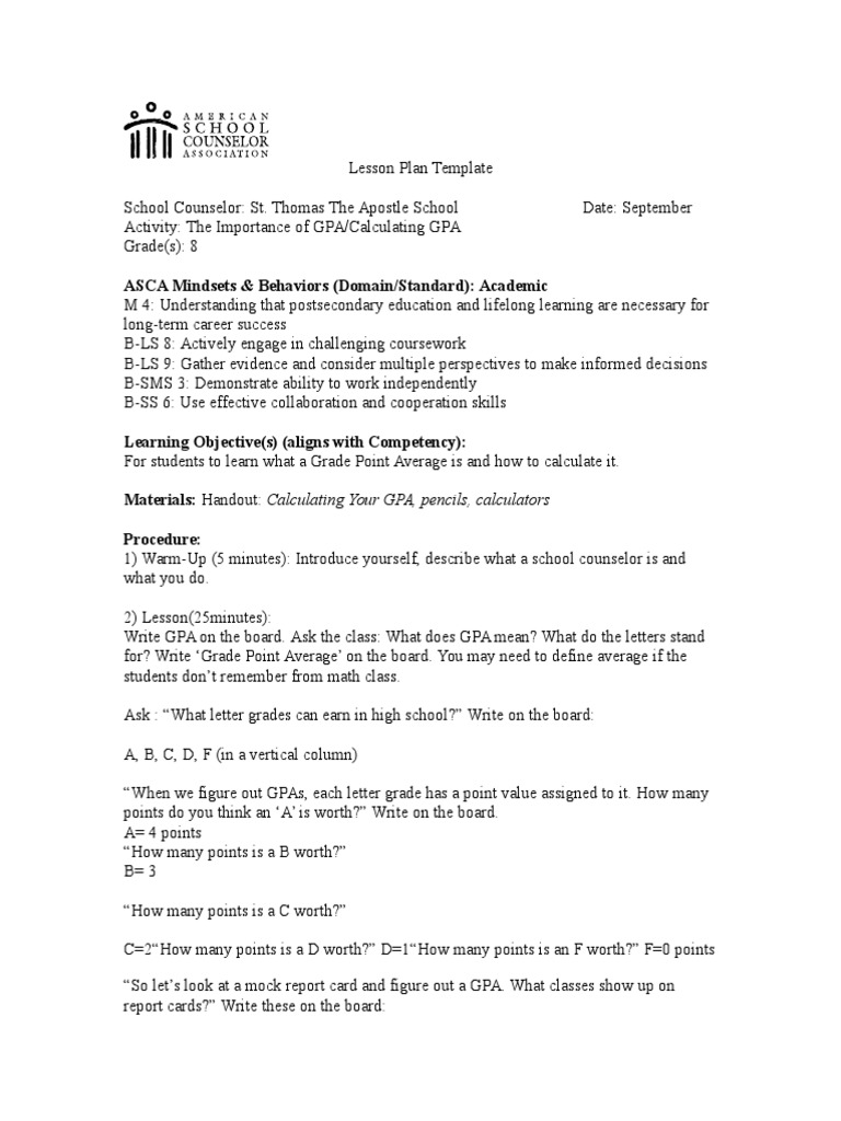 Calculating GPA Lesson Plan | PDF | School Counselor | Standardized Tests