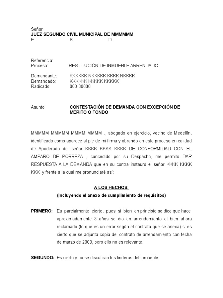Contestación de Demanda Restitucion de Inmueble | Demanda judicial