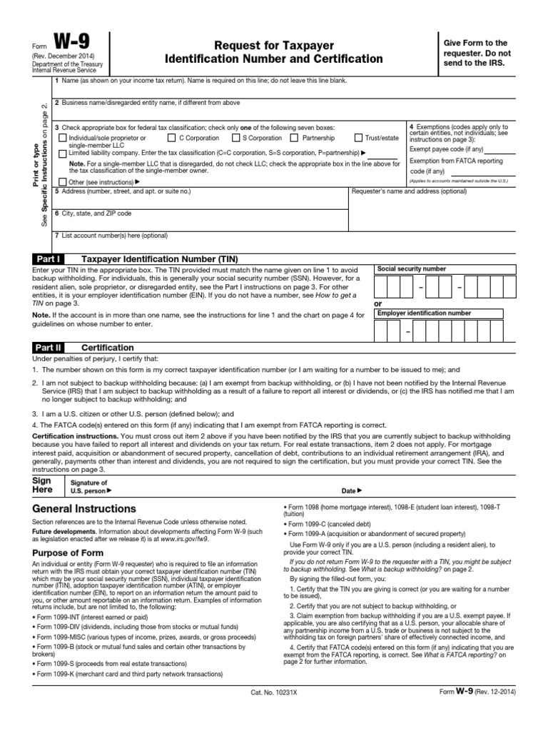 w9 Form PDF Withholding Tax Limited Liability Company