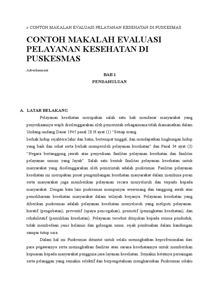 Contoh Makalah Evaluasi Pelayanan Kesehatan Di Puskesmas Contoh Makalah Evaluasi Pelayanan Kesehatan Di Puskesmas