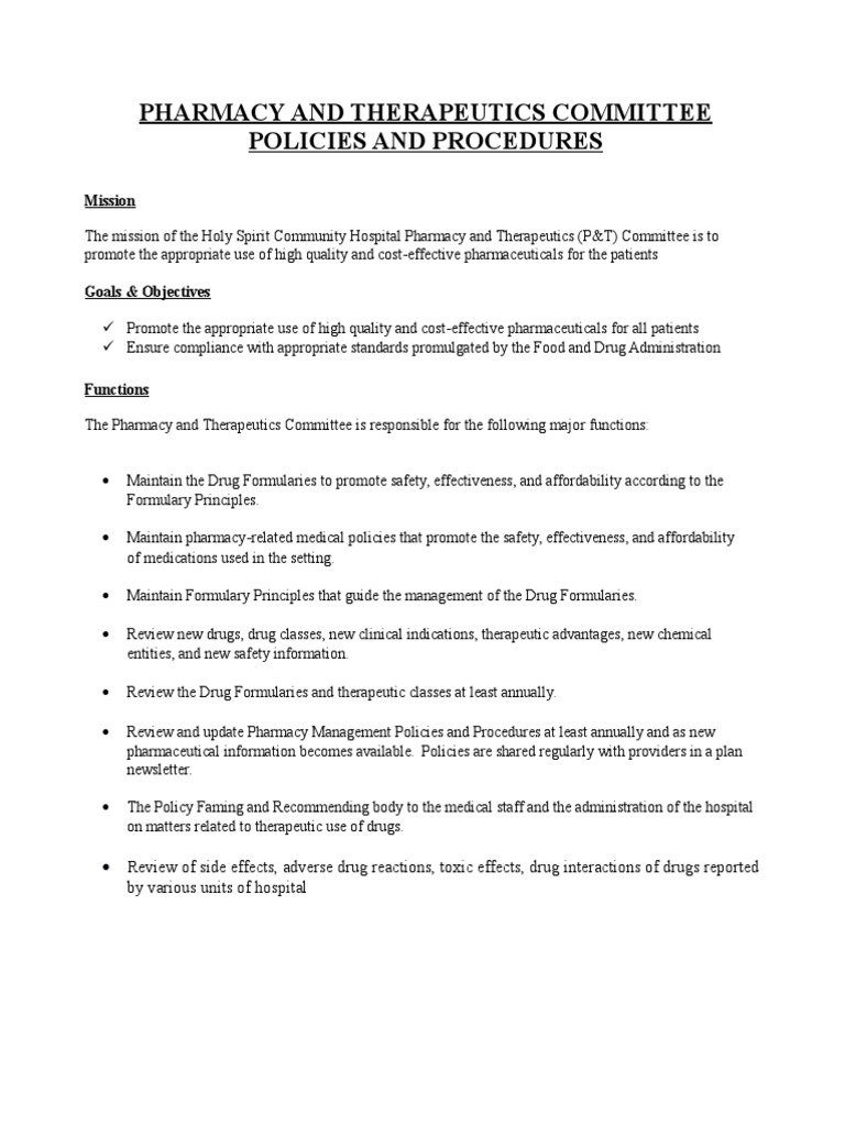 Pharmacy and Therapeutics Committee Policies and Procedures | Pharmacy