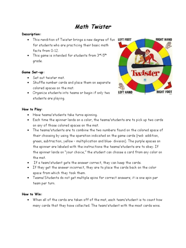 Math Twister Instruction Sheet PDF