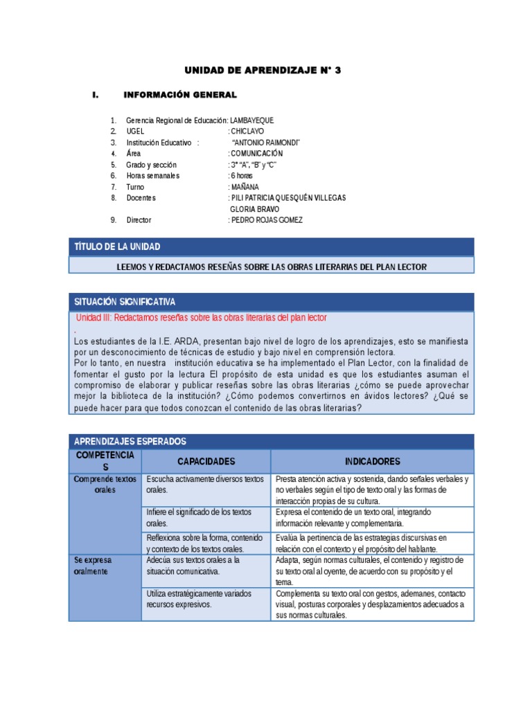Unidad de Aprendizaje N 3 III B | PDF | Comprensión lectora | Lectura ...