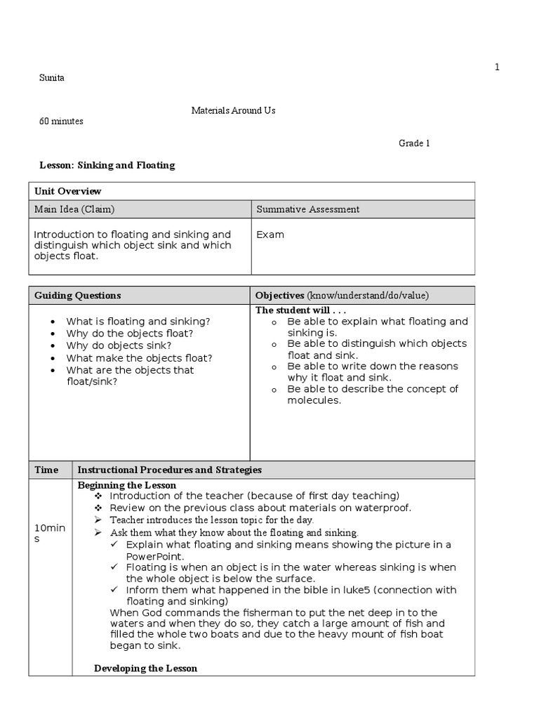 Floating and Sinking Lesson Plan For Presentation Download Free PDF
