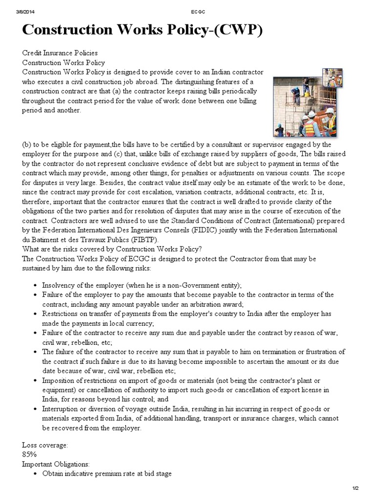 ECGC Construction Works Policy Overview | PDF | Insurance | Employment