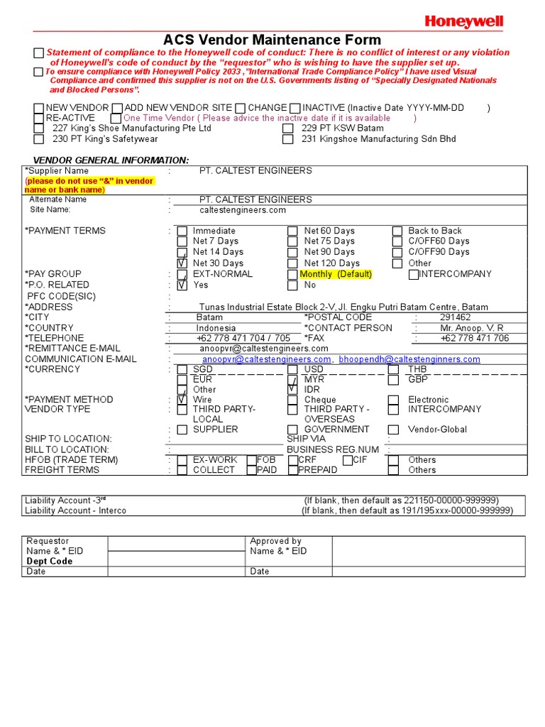 ACS Form ( New Vendor ) Banking Economies