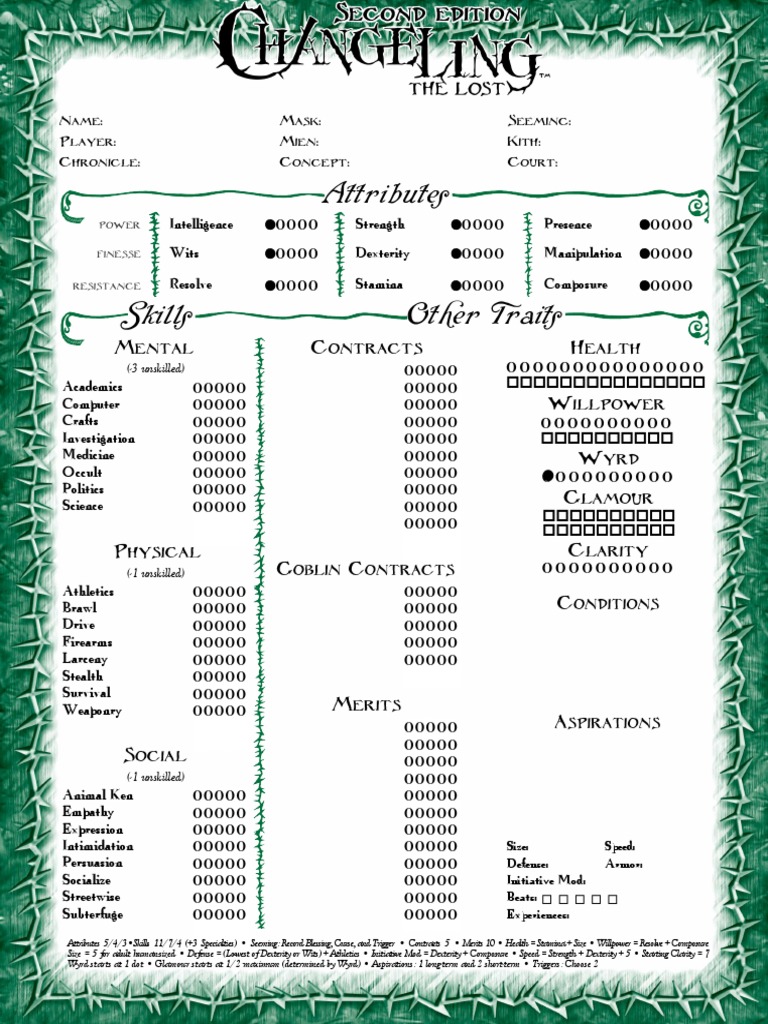 Changeling 2E Character Sheet | PDF | Role Playing | Tabletop Games