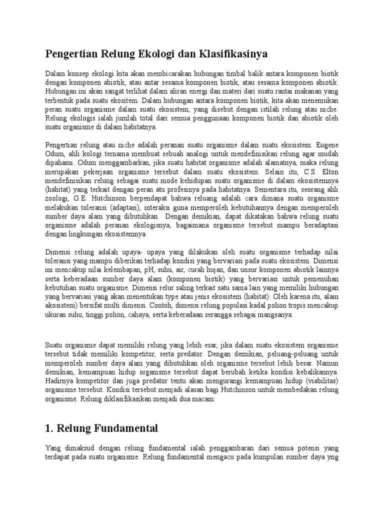 Pengertian dan Klasifikasi Relung Ekologi | PDF