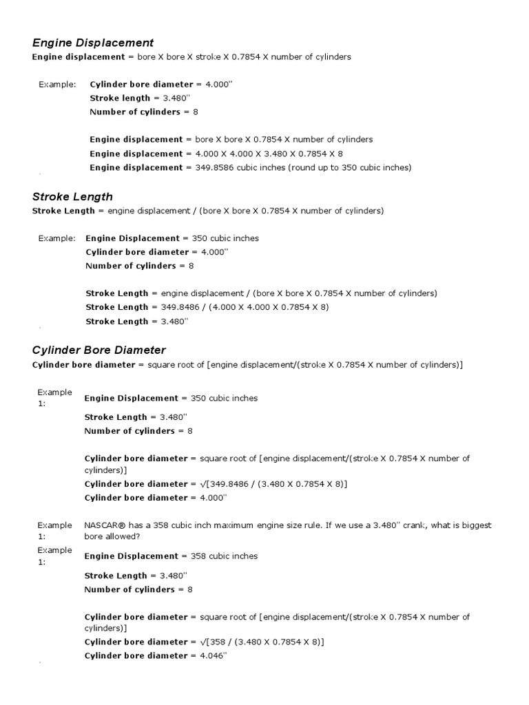 Engine Displacement and FORMULAS Piston Cylinder (Engine)