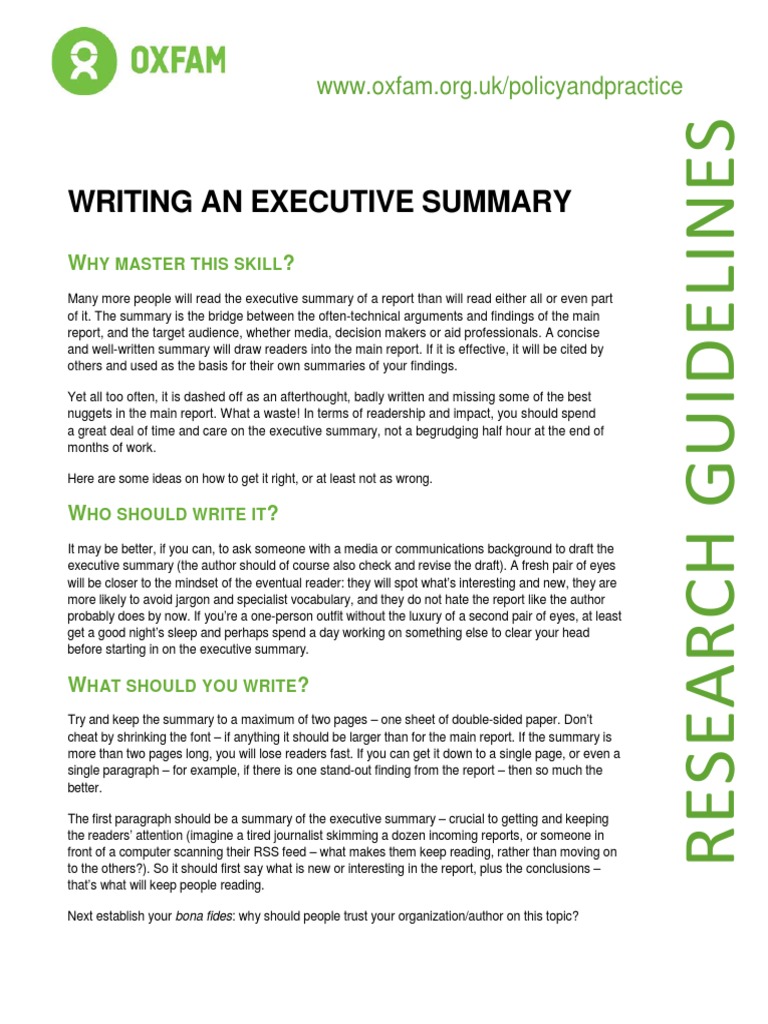 Writing An Executive Summary  PDF  Oxfam  Communication