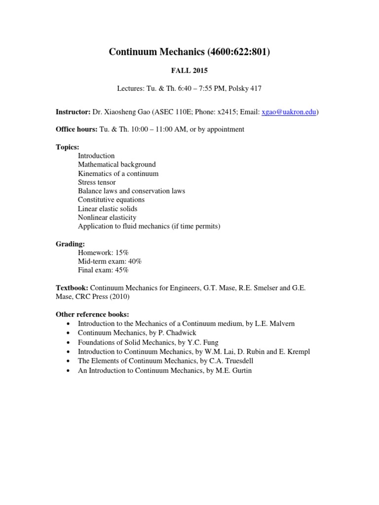 Continuum Mechanics Course Overview | PDF | Science & Mathematics
