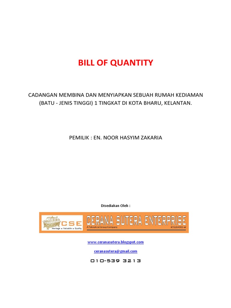 Contoh Bill of Quantity Bina Rumah | PDF