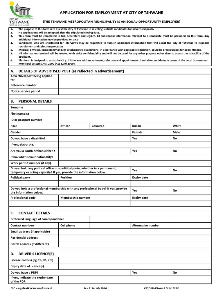 Tshwane Employment Application Form | PDF | Recruitment | Social ...