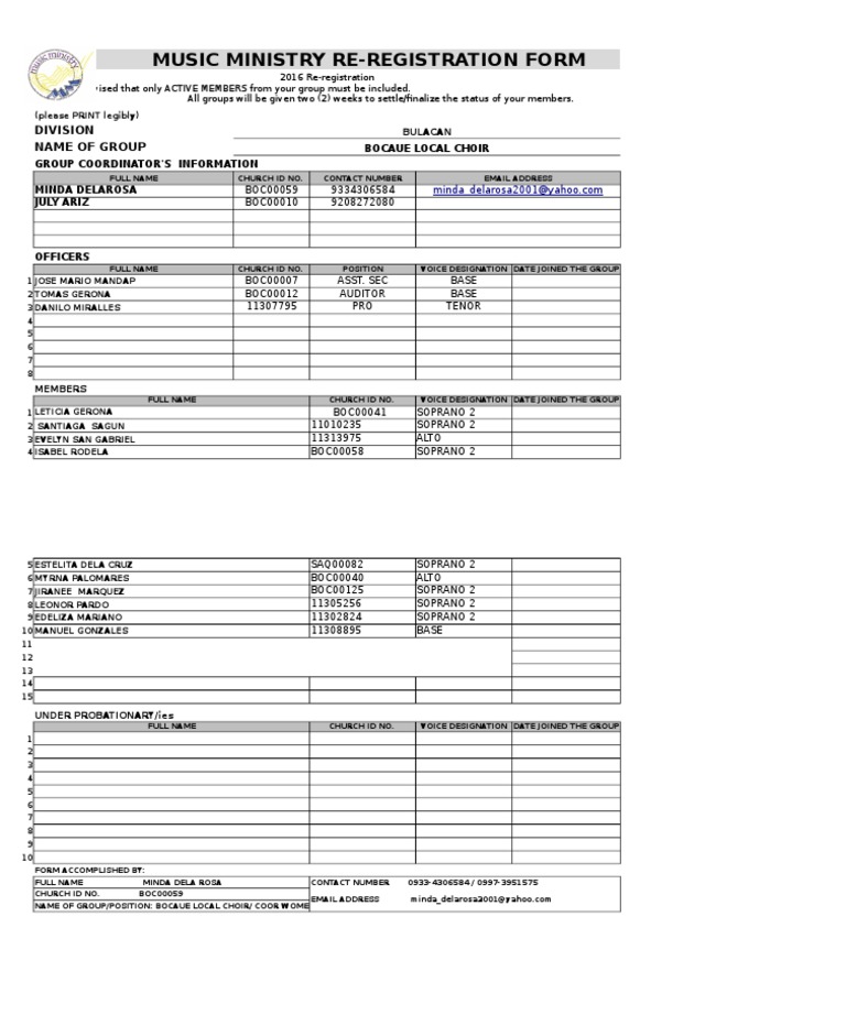 Music Ministry Re-Registration Form: Division Name of Group | PDF ...