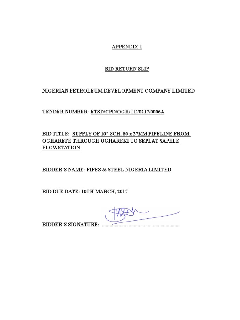 NPDC Tender Return Slip for Pipeline | PDF