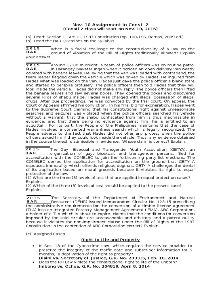 2016 Sec 1, Article III Constitutional Law Assignment PDF Due