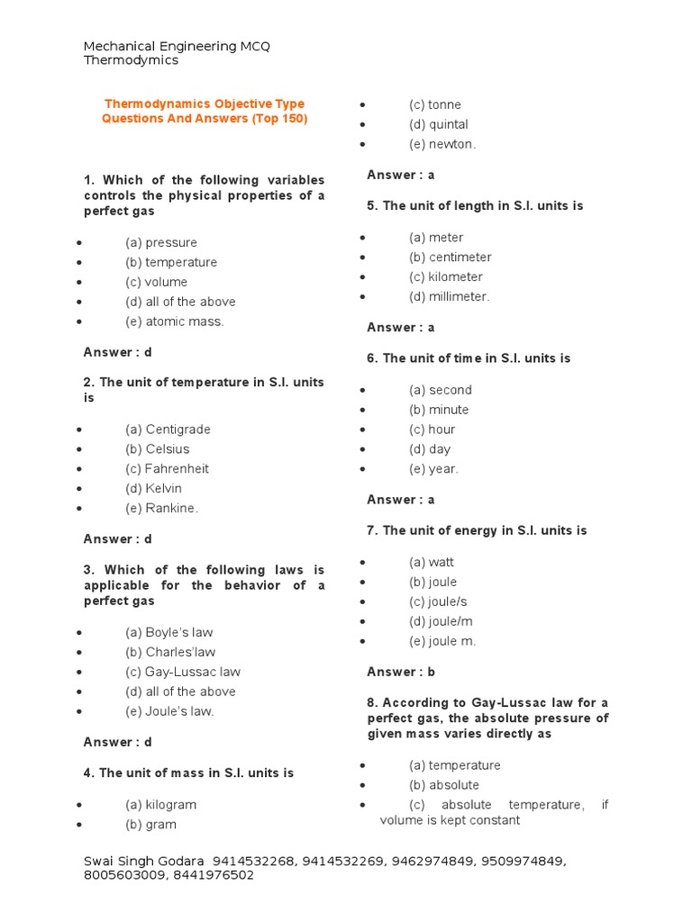 Thermodynamics MCQ 1800 MCQ With Answers PDF Heat Temperature