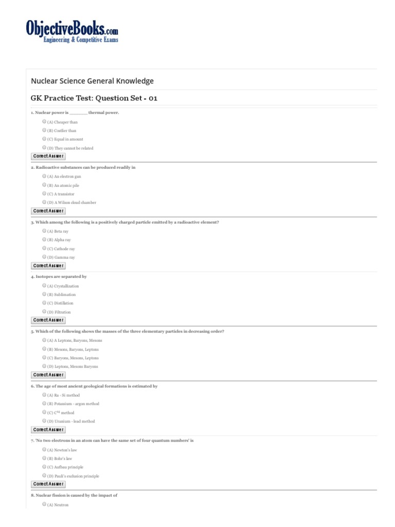 Nuclear Science Quiz Questions | PDF | Science & Mathematics ...