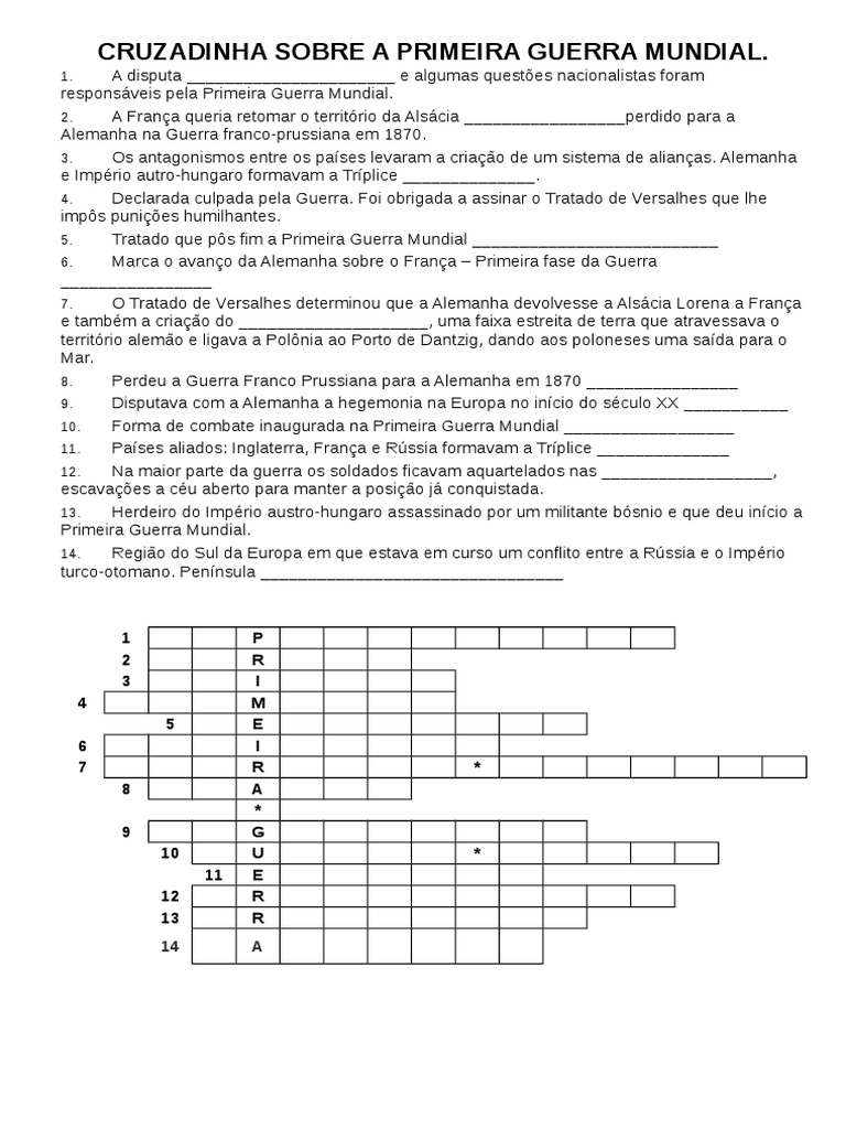 Cruzadinha Sobre a Primeira Guerra Mundial
