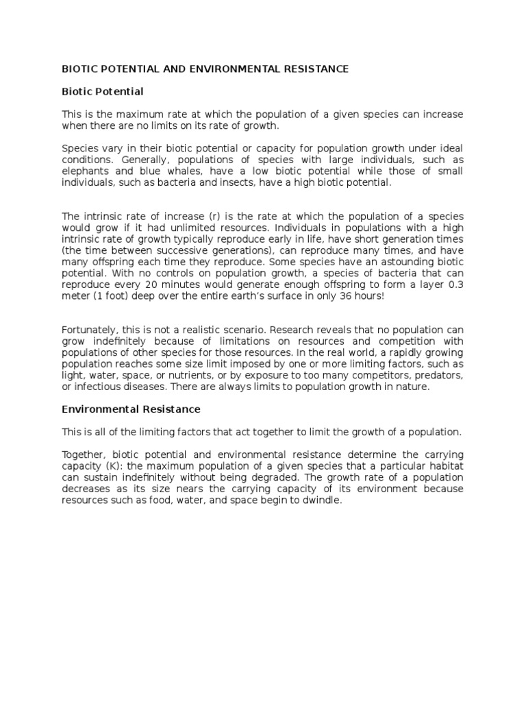 Biotic Potential And Environmental Resistance Resource Population