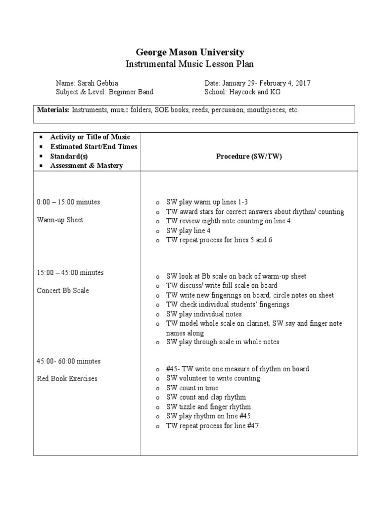 Instrumental Music Lesson Plan Mason University PDF Musical Instruments Leisure