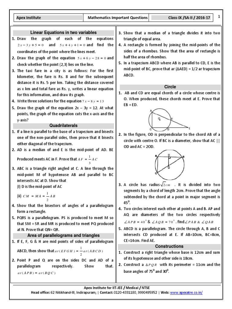 Class 9 Math Questions 2016-17 | PDF | Circle | Geometric Shapes