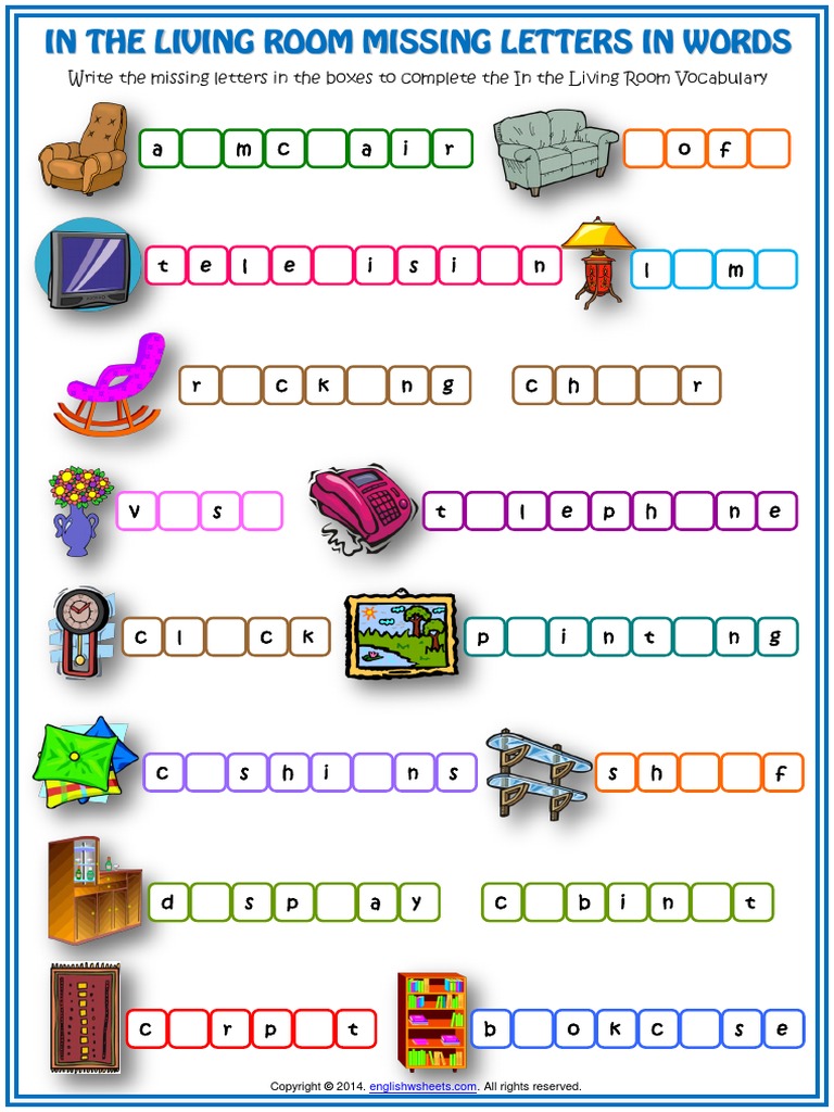 in the living room missing letters in words esl worksheet pdf copyright law law