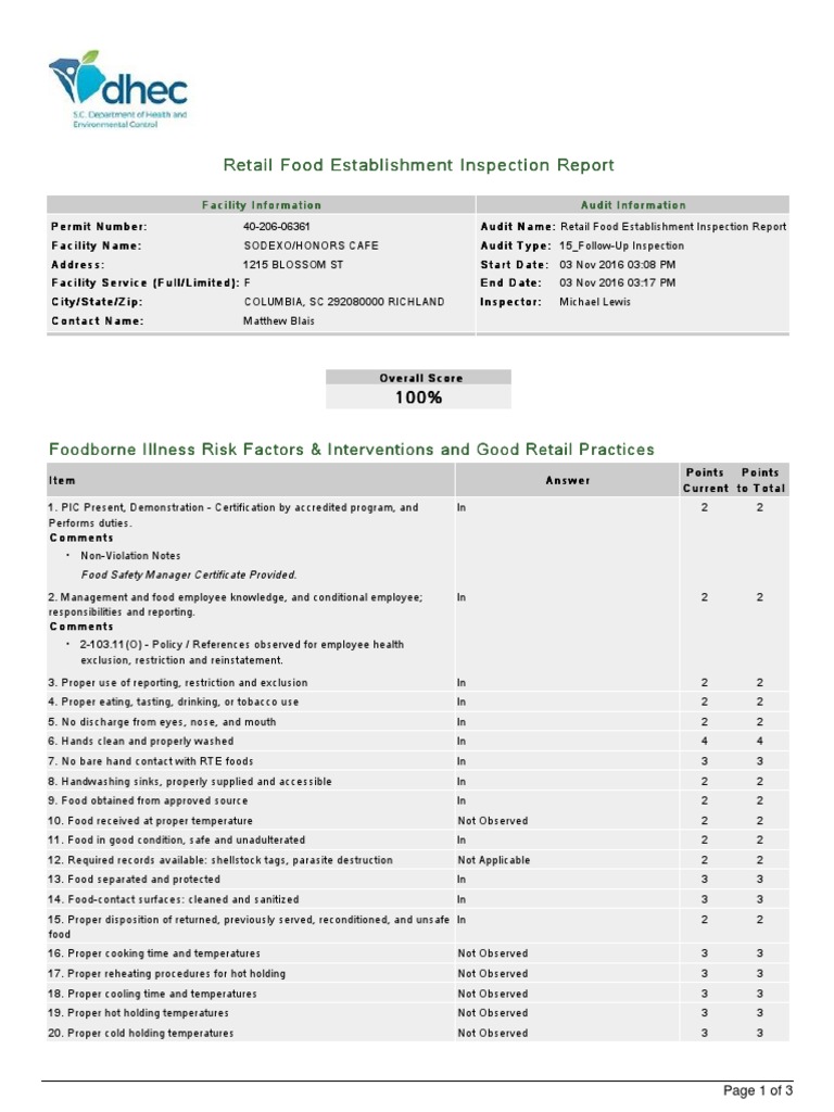SC DHEC Restaurant Inspection Report | PDF | Foods | Water