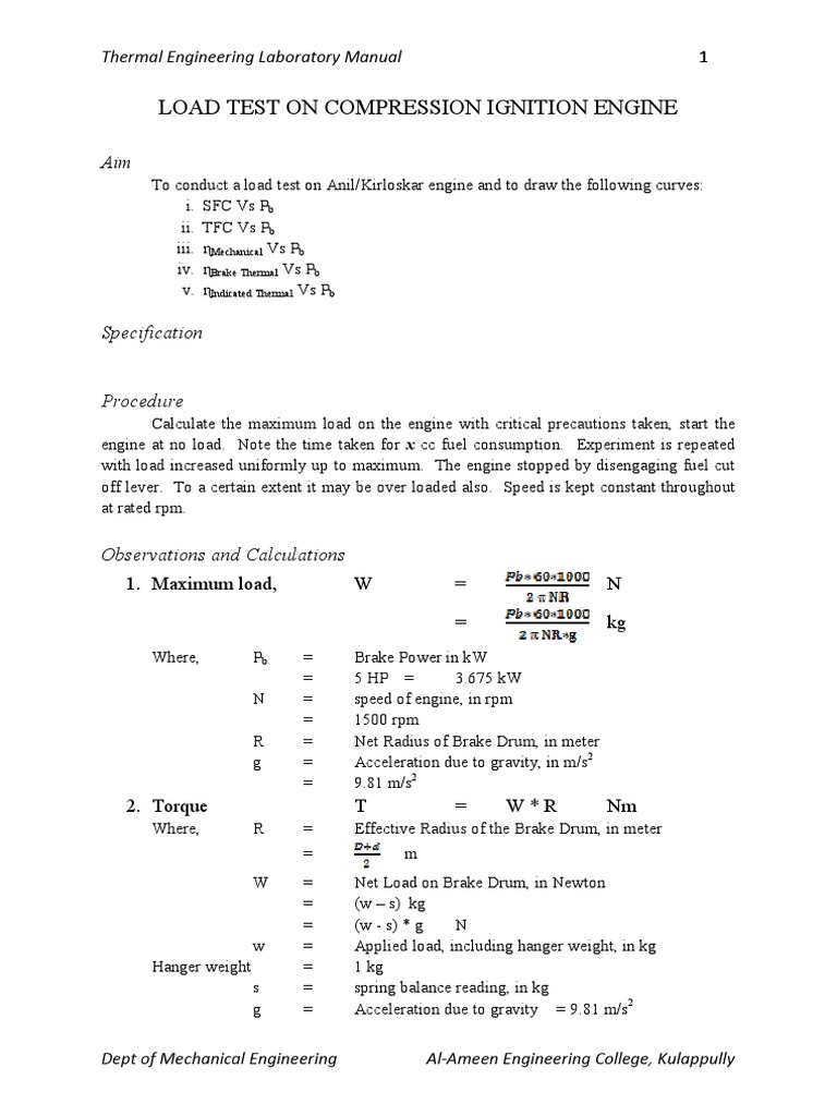 Thermal Engineering Lab Manual PDF Engines Diesel Engine