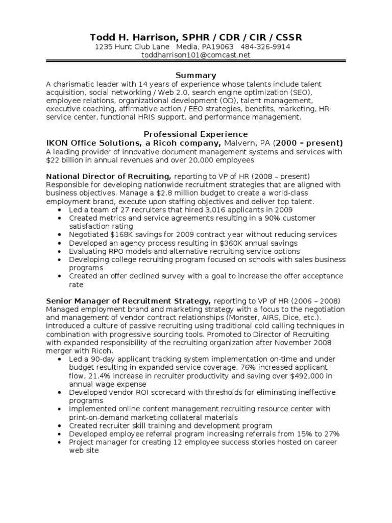 Todd Harrison Resume 2010 Scribd PDF Human Resources Talent