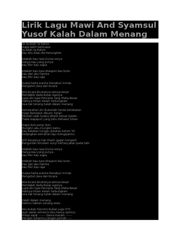 kalah dalam menang lirik