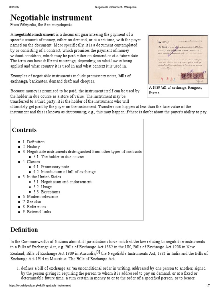 Negotiable Instrument Summary Negotiable Instrument Civil Law
