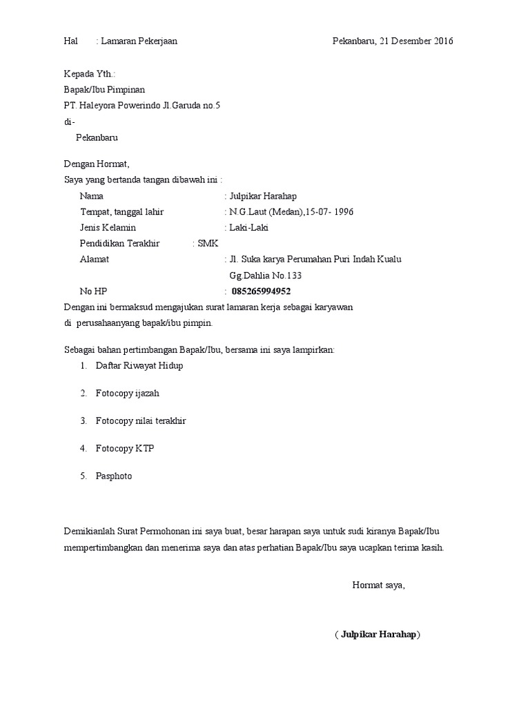 Contoh Surat Lamaran Di Pt Aneka Macam Contoh
