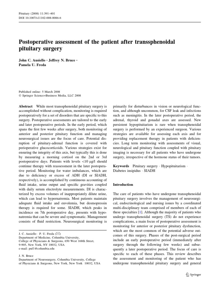 Postoperative Care After Pituitary Surgery | PDF | Growth Hormone ...