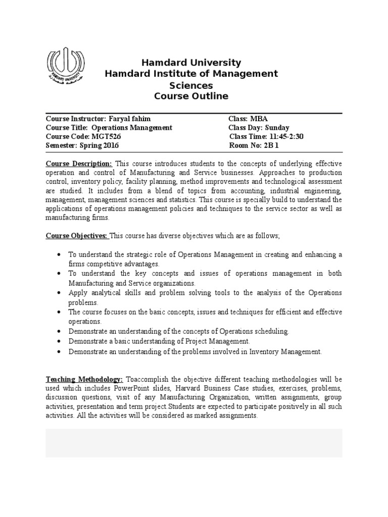 Course Outline OPERATION MGMT Weekend Mba | PDF | Project Management ...