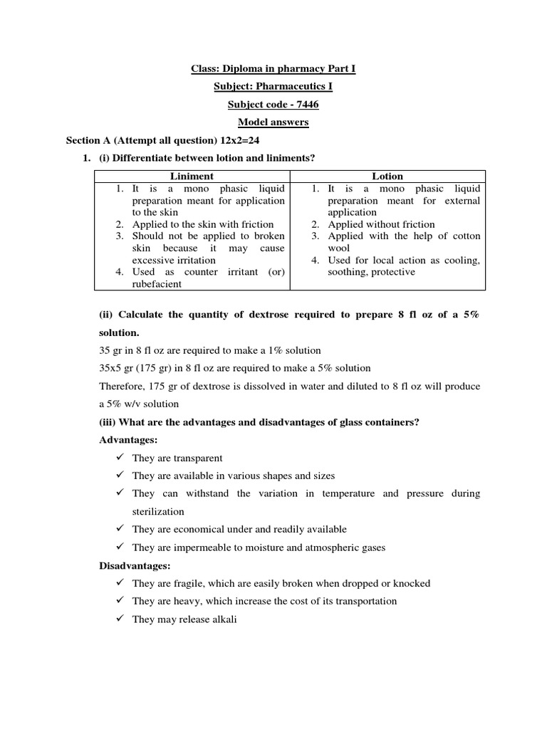 Model Answer - D.pharm Part 1 - Pharmaceutics 1 | PDF | Tablet ...