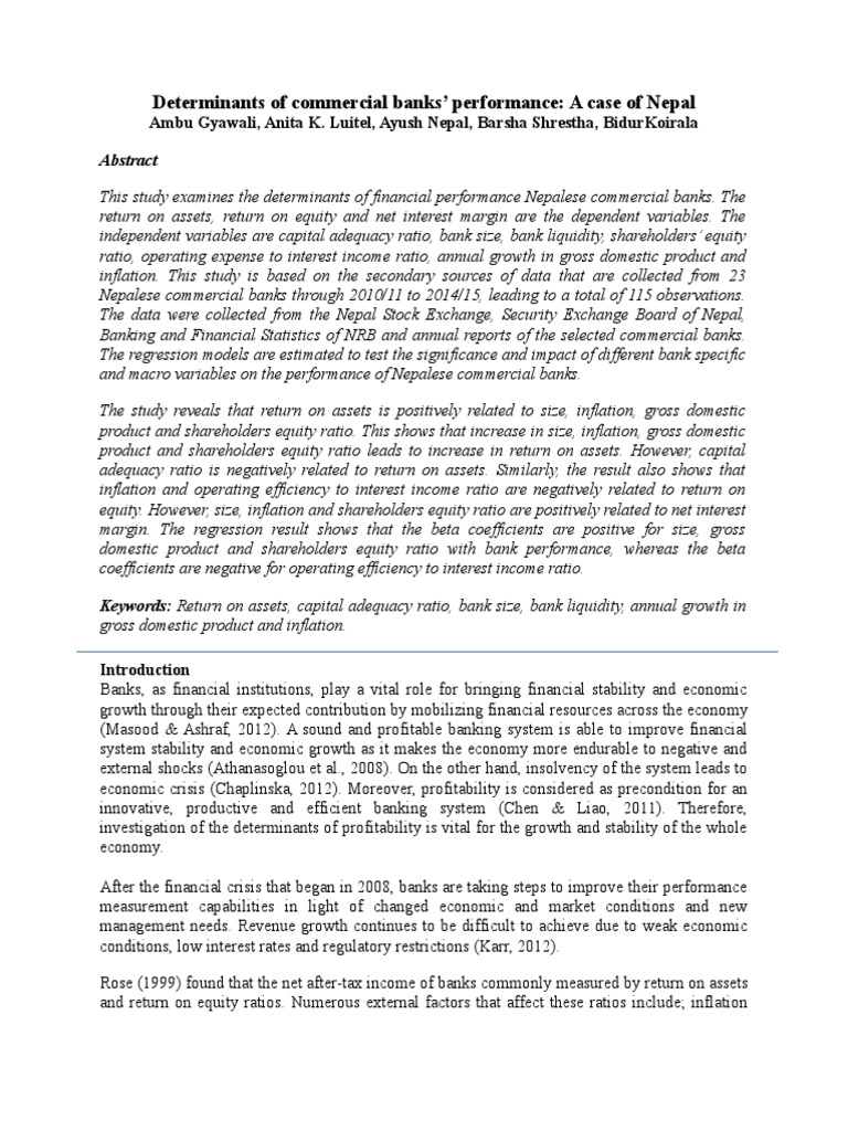 Determinants Of Commercial Banks Performance A Case Of - 