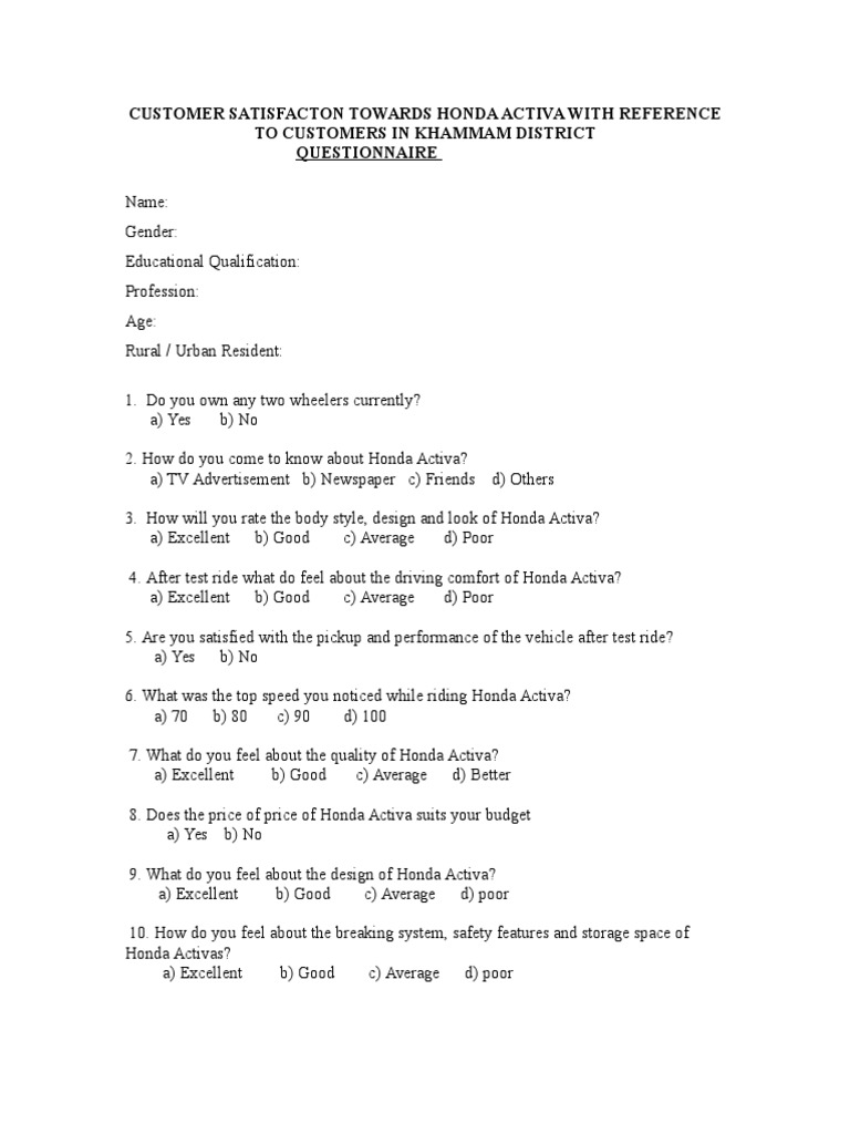 Honda Activa Customer Satisfaction Survey | PDF | Career & Growth ...