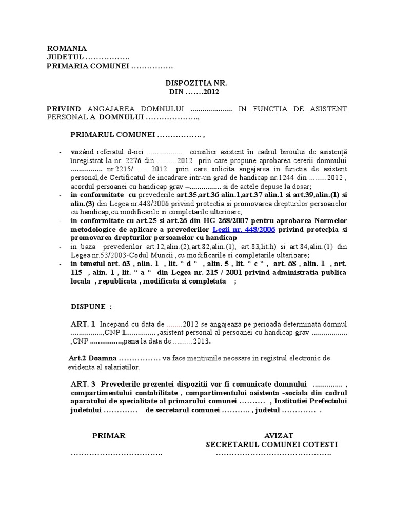 Dispozitie Angajare Asistent Personal