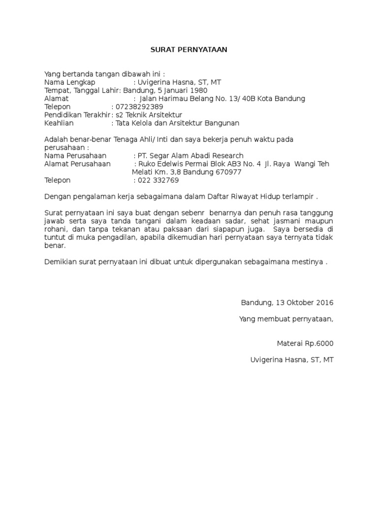 Contoh Surat Pernyataan Tenaga Ahli Untuk Perusahaan Pdf