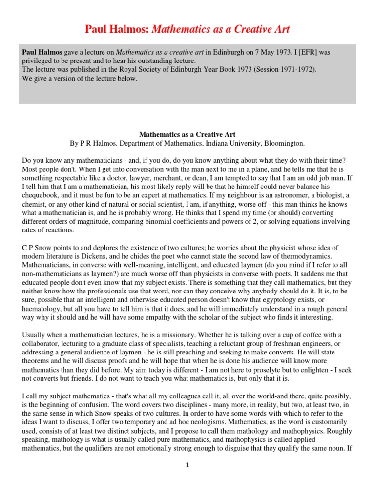 Paul Halmos Lecture on Mathematics as a Creative Art | PDF