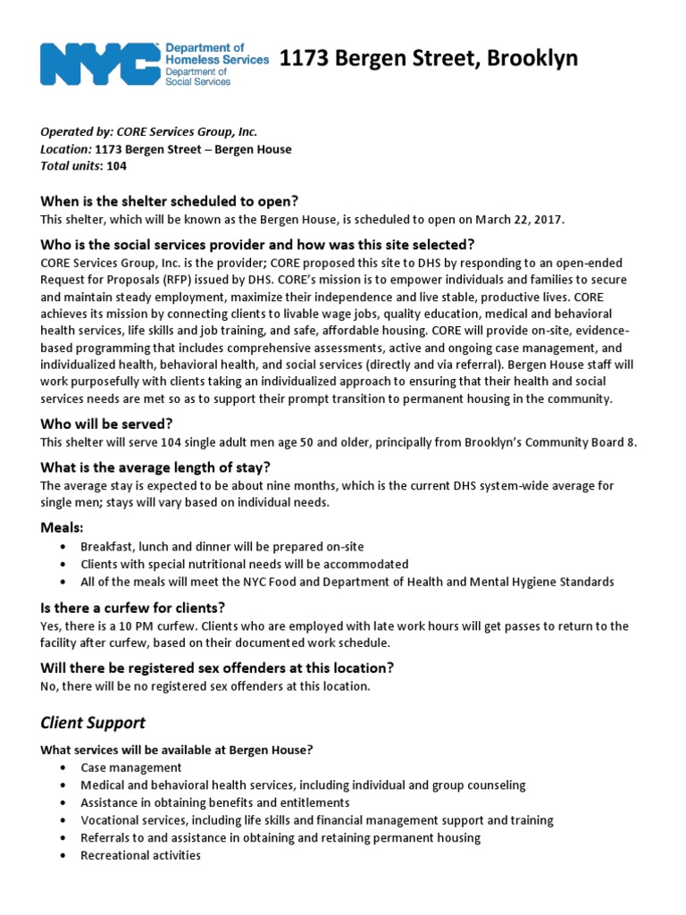 1173 Bergen St. Fact Sheet, Dept. of Homeless Services | PDF | Health ...