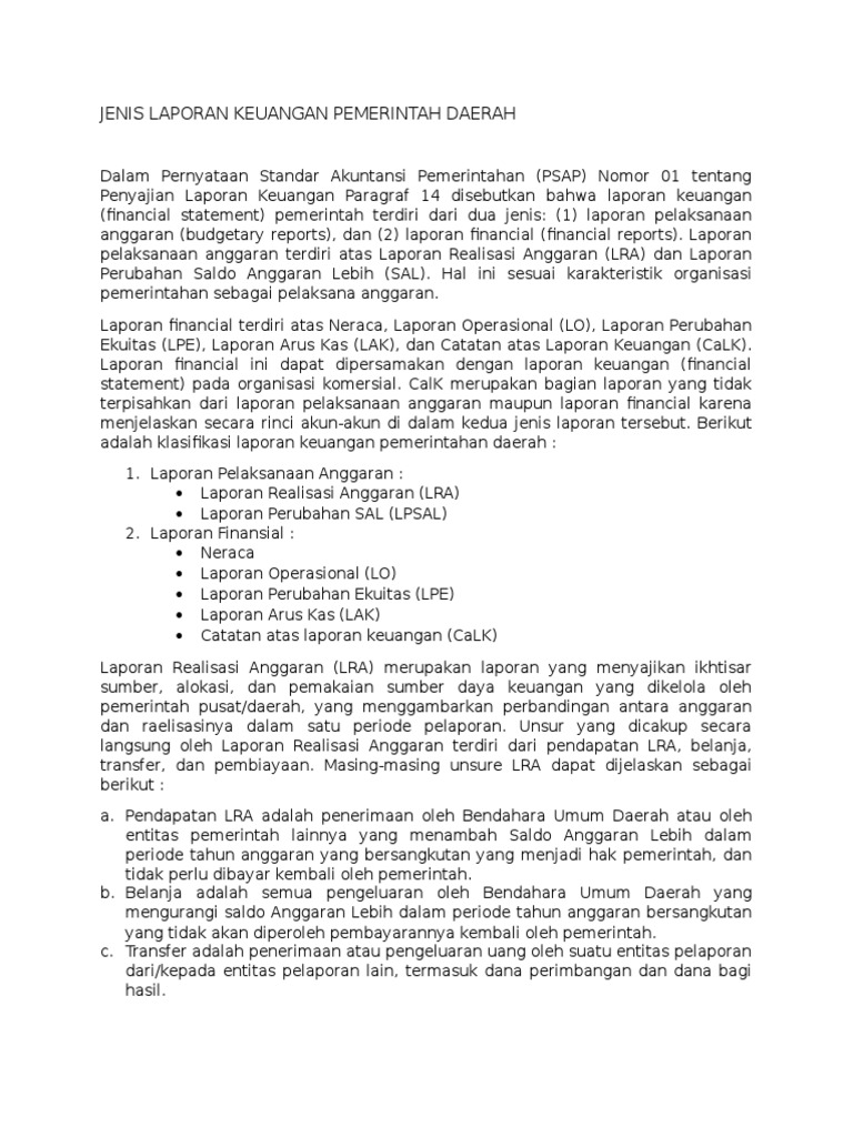 Jenis Laporan Keuangan Pemerintah Daerah | PDF