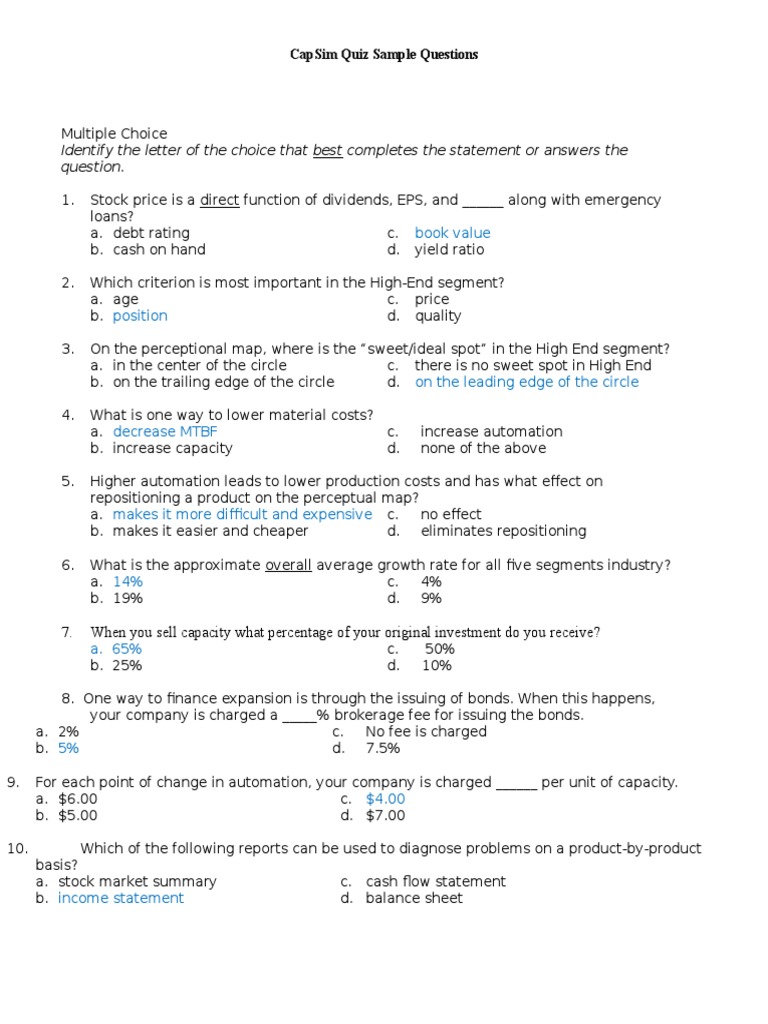 CapSim Quiz Sample Questions PDF