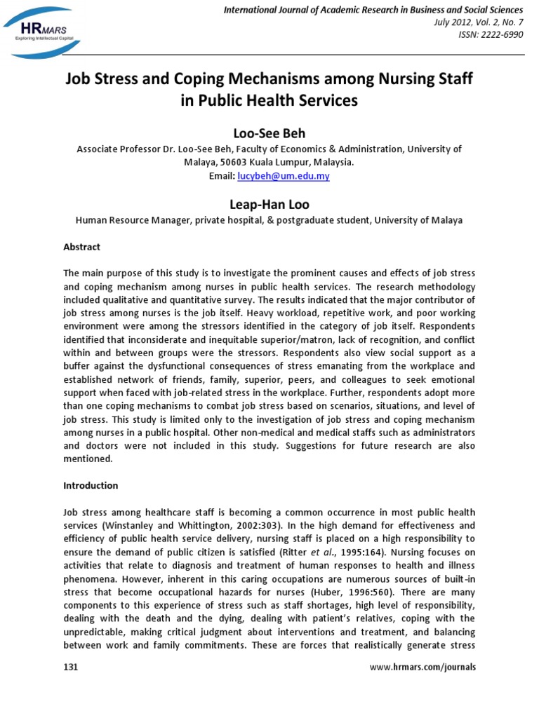 Job Stress and Coping Mechanisms among Nursing Staff in Public Health ...