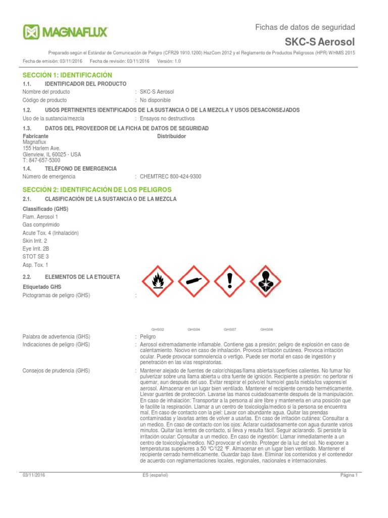 SKC S Aerosol Safety Data Sheet Espanol PDF Aerosol Residuos