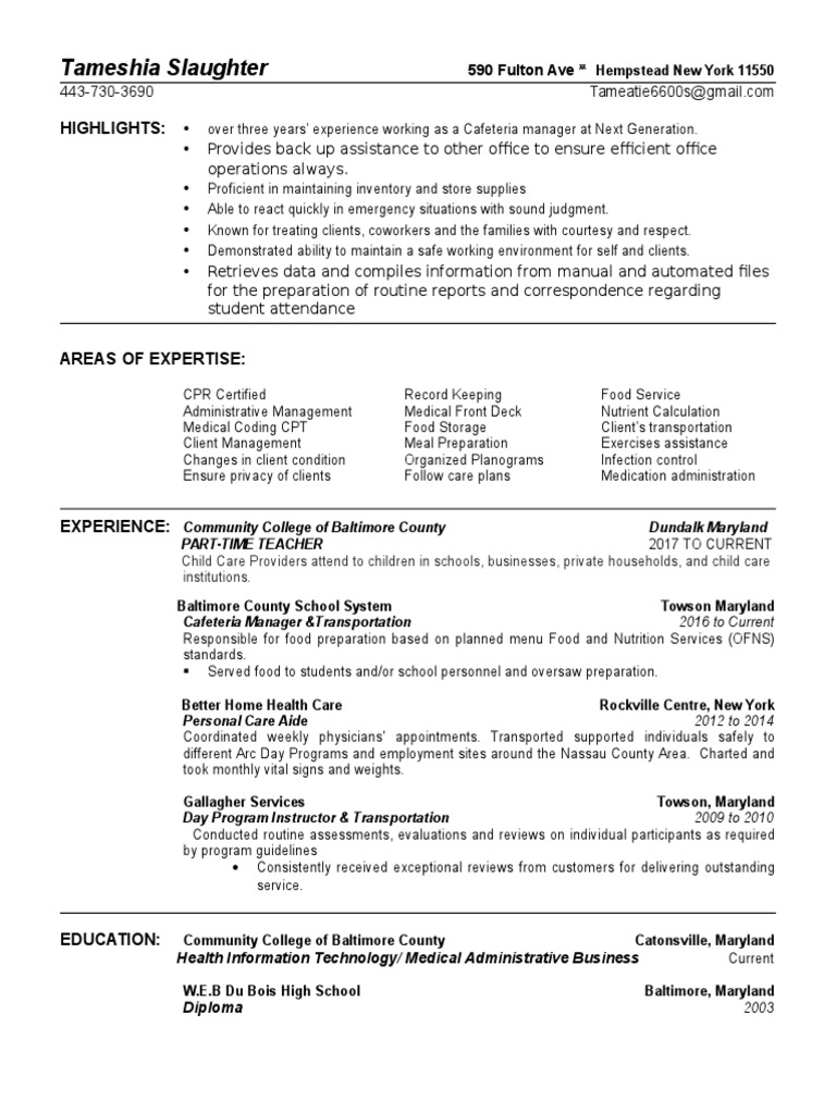 Tameshia Slaughter Resume 2 | PDF | Records Management | Health Care