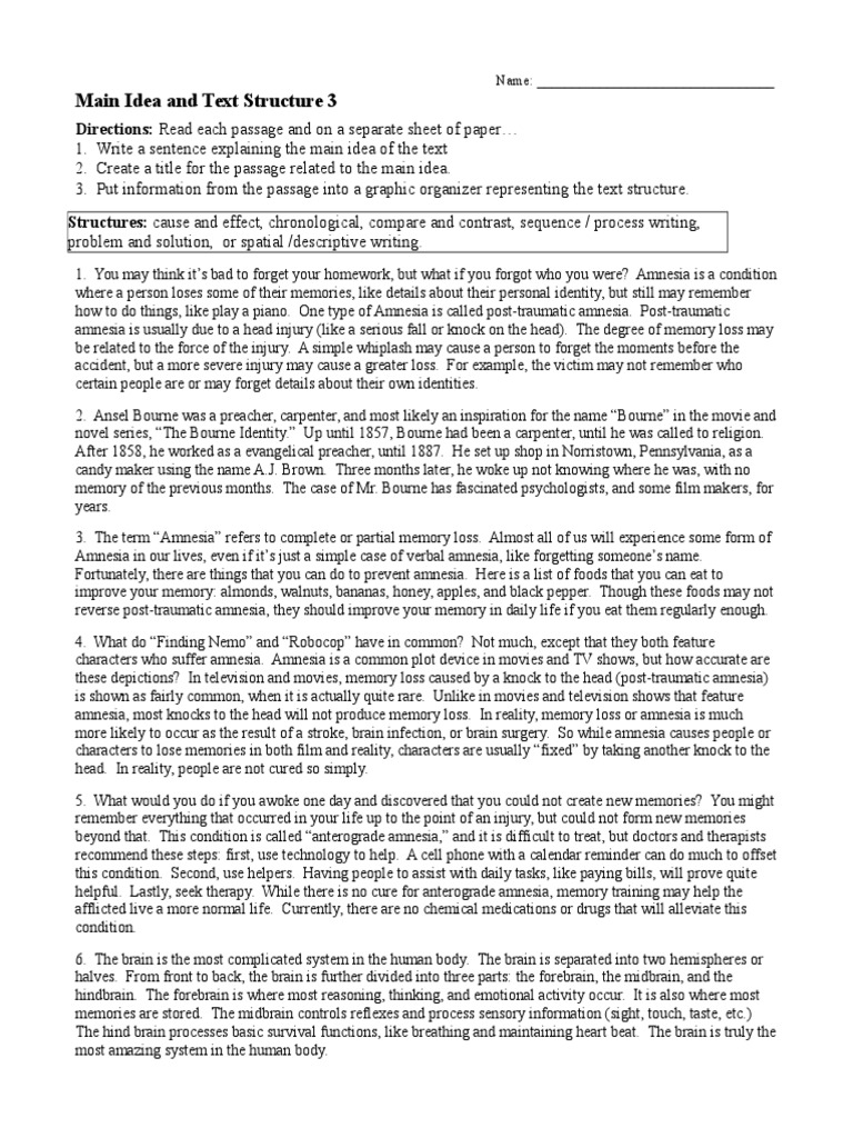 Main Idea and Text Structure 3 | PDF | Amnesia | Brain