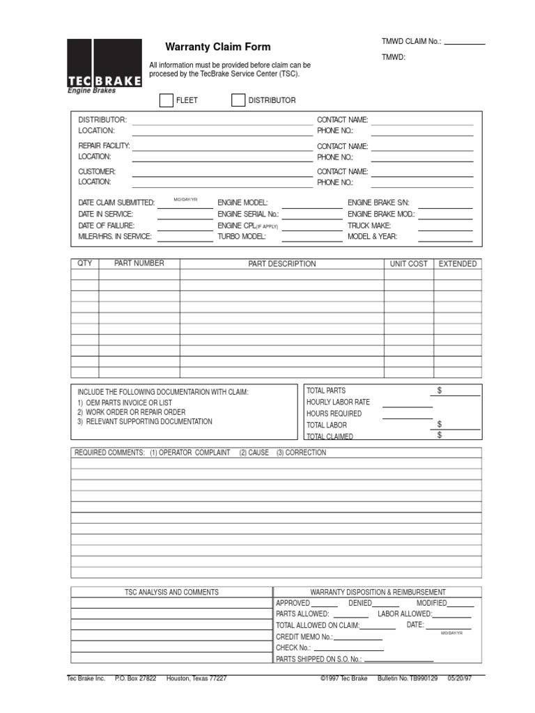 Warranty Claim Form Engine Brakes PDF Business